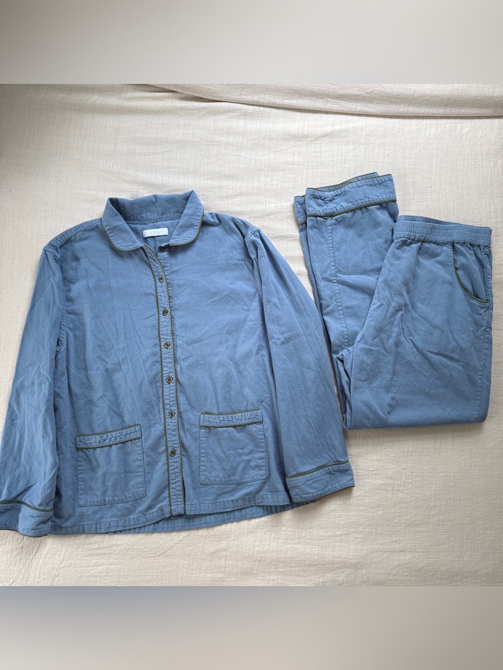 LAKE 100% Cotton Dusty Blue Green Piping Pajama Set Size L Vintage Inspired